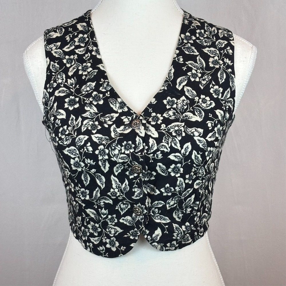 Vintage Contempo Casuals Womens Black Floral Button Vest Top‎ Small 90's retro